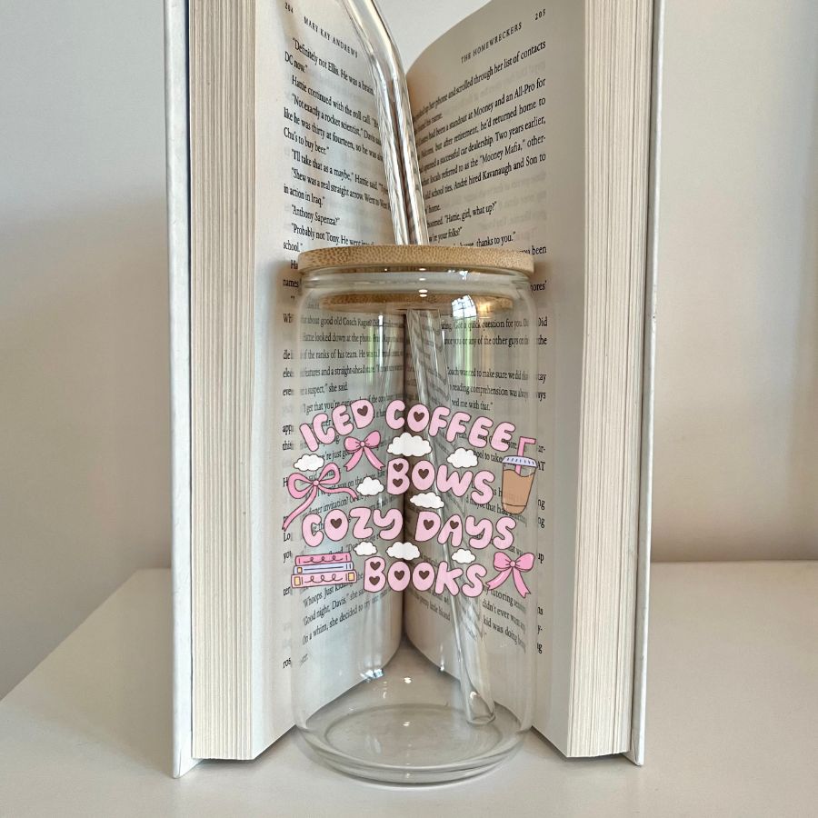 Iced Coffee Bows Cozy Days and Books Glass Can 16 oz with lid and straw