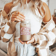 Iced Coffee Bows Cozy Days and Books Glass Can 16 oz with lid and straw
